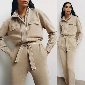 ZARA Washed Effect Long Jumpsuit Tan Size XS